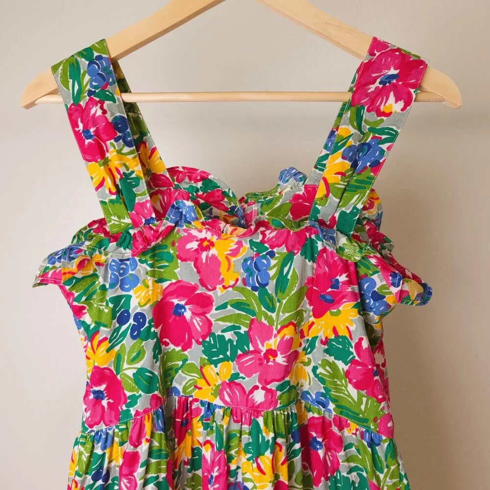 Vintage tropical cotton floral sleeveless midi dress, ruffle sweetheart neckline - Picture 10 of 13